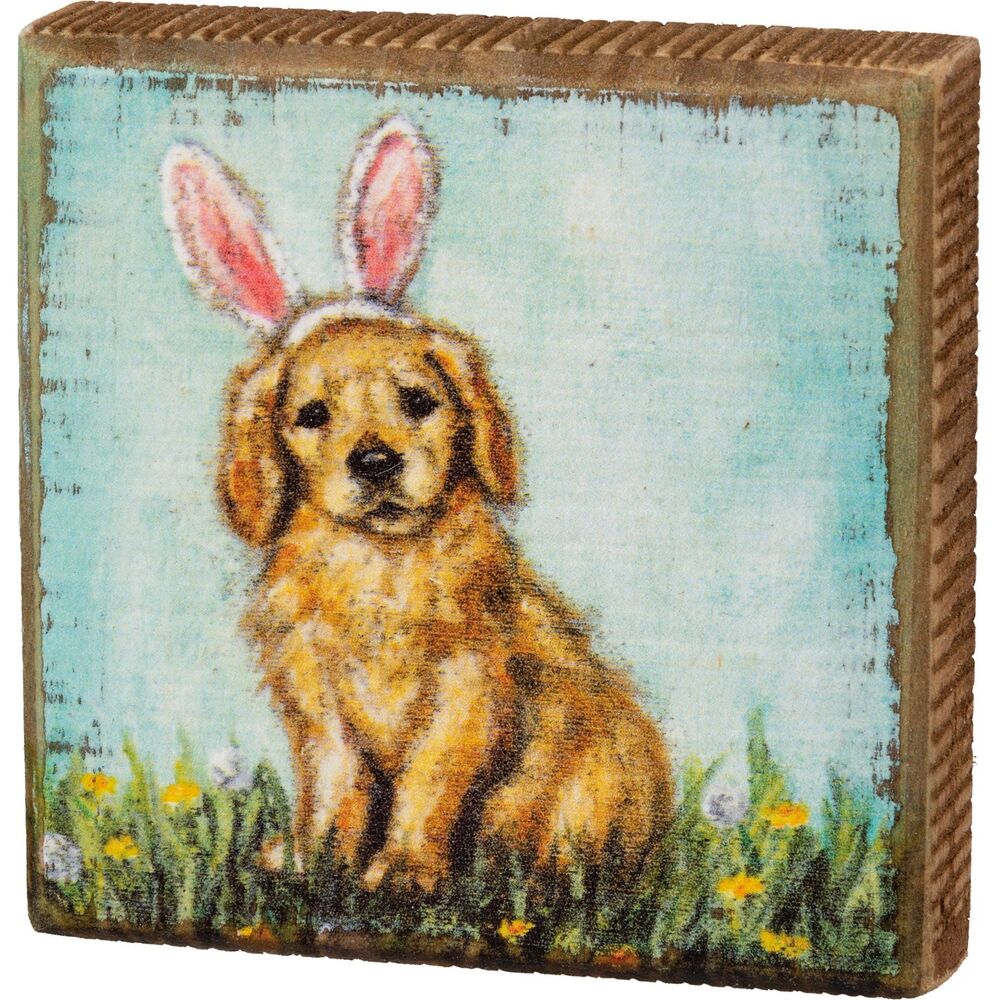 Wooden Chunky Sitter-Hanger Cute Adorable Puppy Dog Wearing Bunny Easter Ears